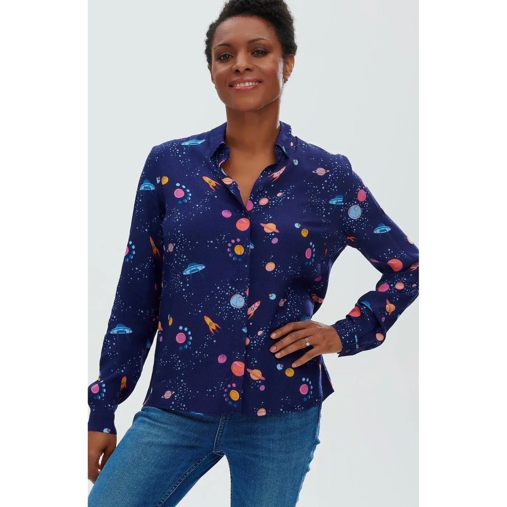 Sugarhill Brighton Catrina Shirt Navy Blue Space UFO Planet Print Tie Neck US 4